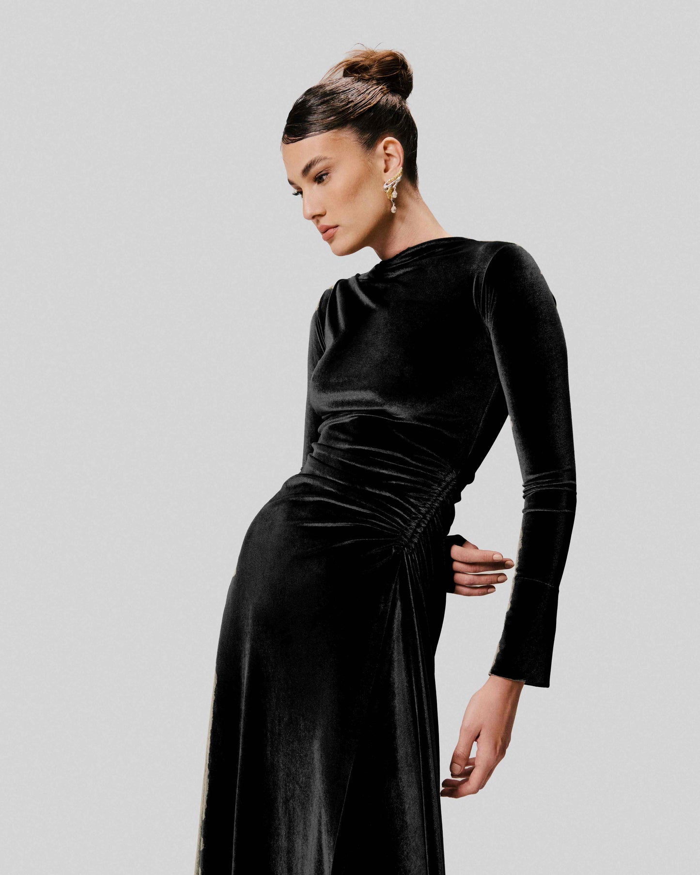 Velvet Maxi Dress with Side Gathering