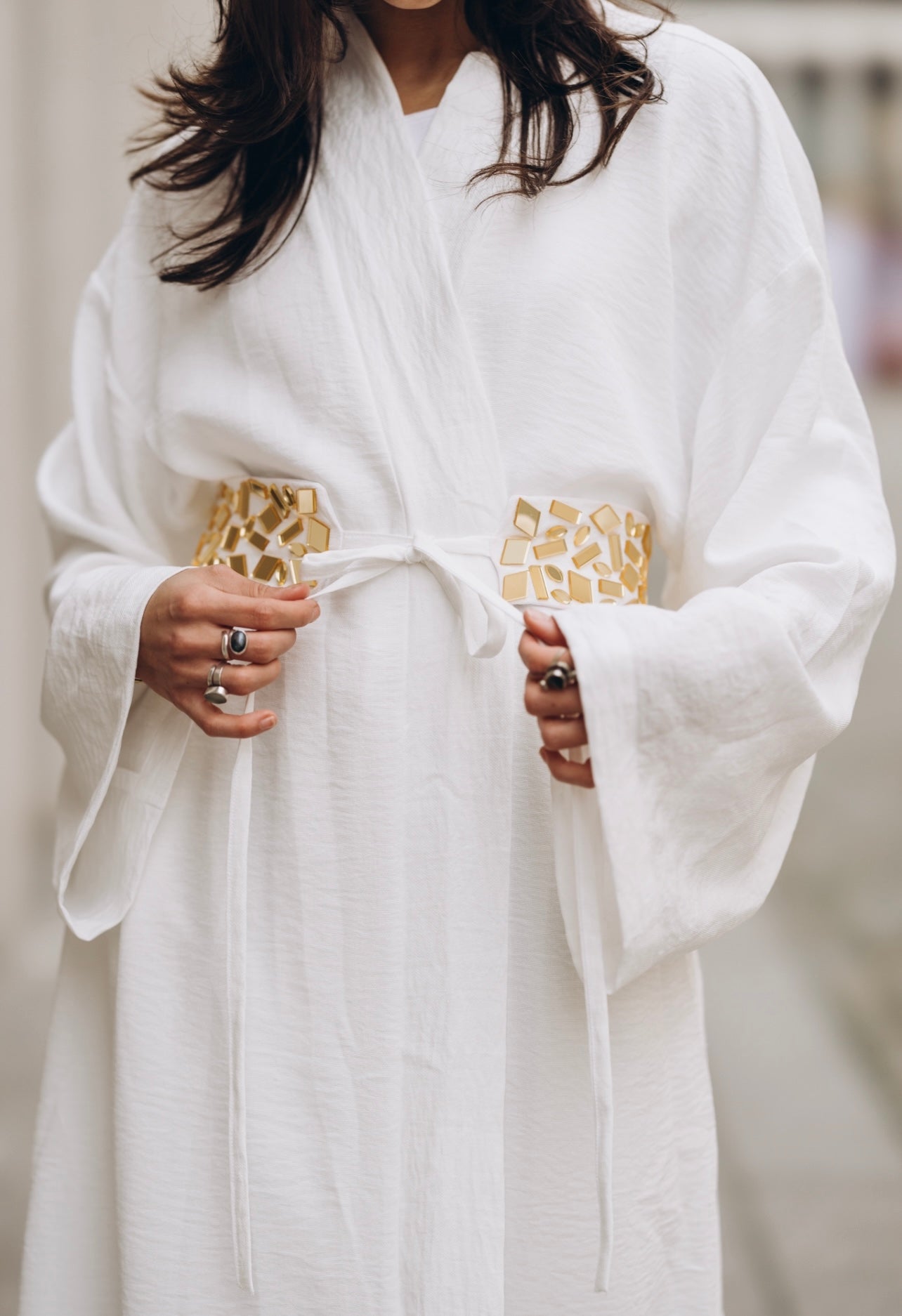 Maxi Linen Kaftan with Hand-Embellished Belt