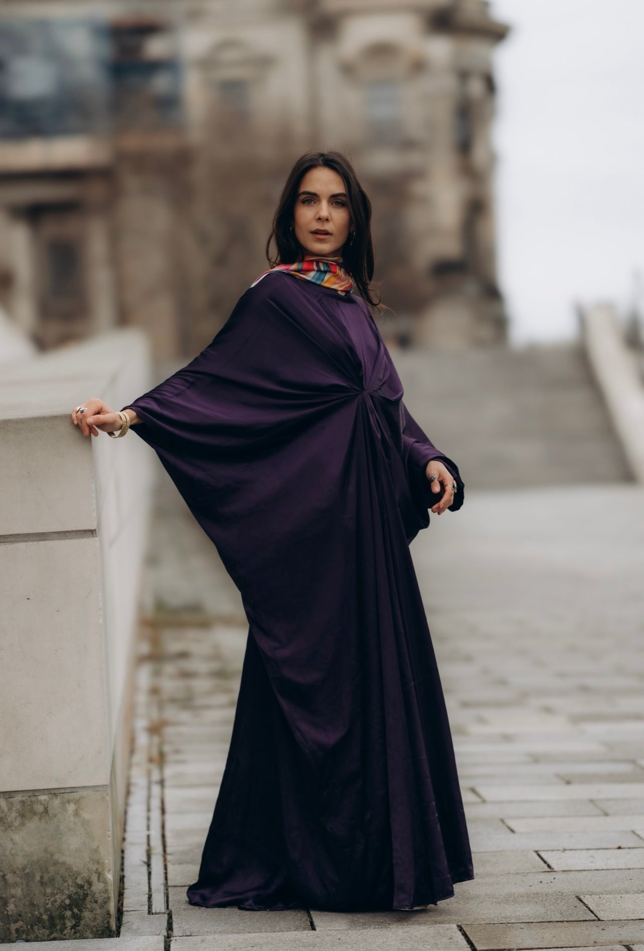 Silk Kaftan with Draped Waist & Multi-Colored Scarf