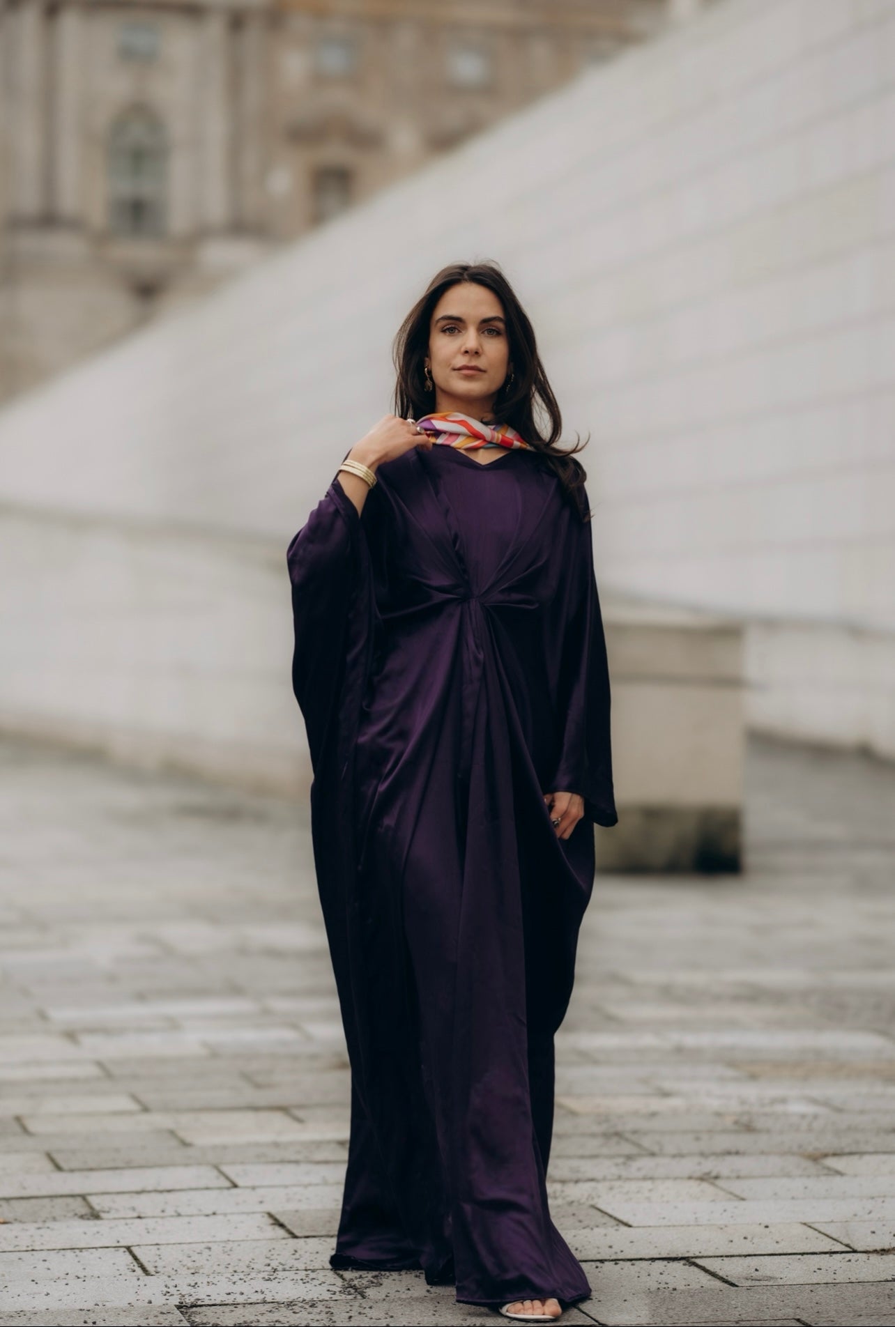 Silk Kaftan with Draped Waist & Multi-Colored Scarf