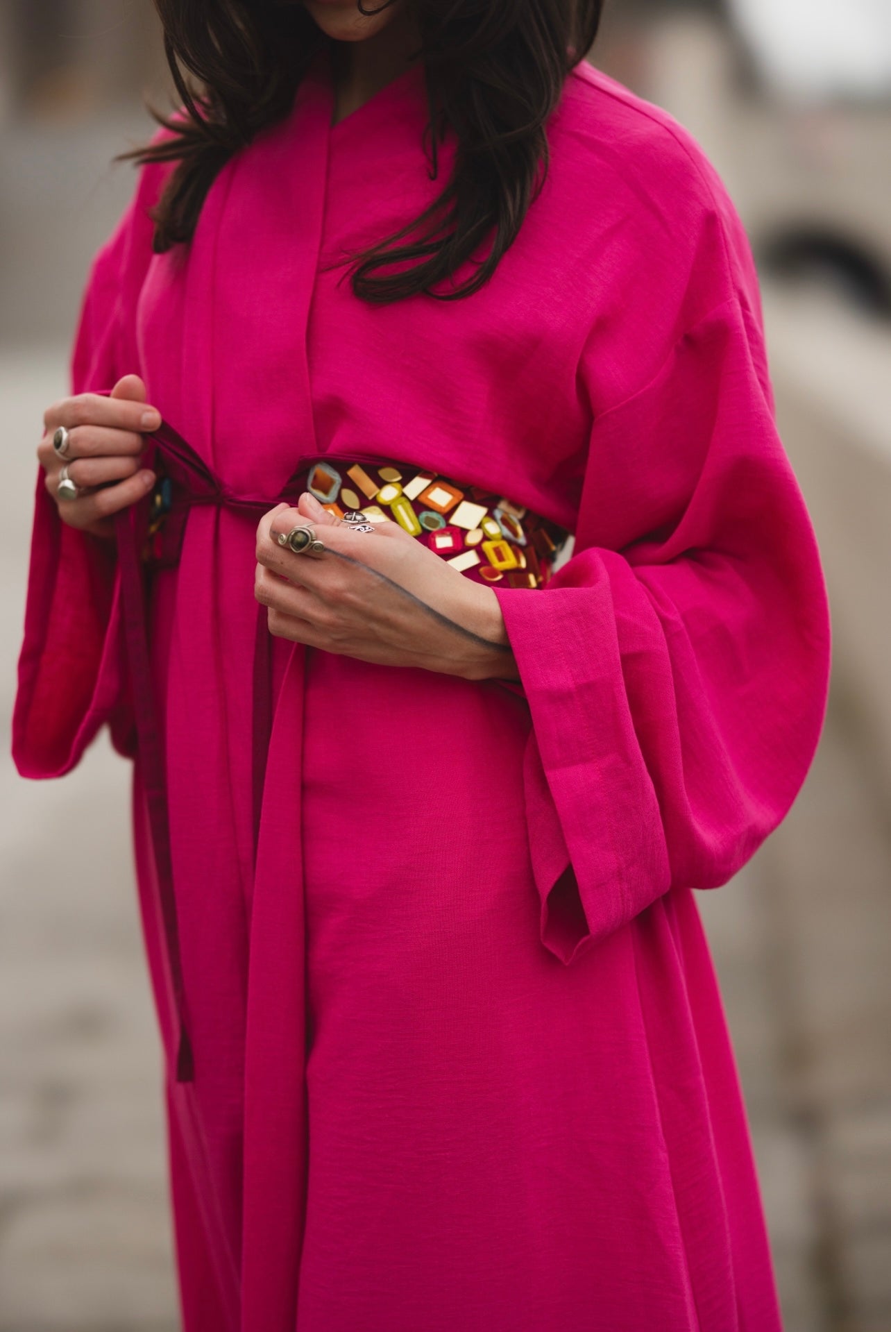 Maxi Linen Kaftan with Hand-Embellished Belt