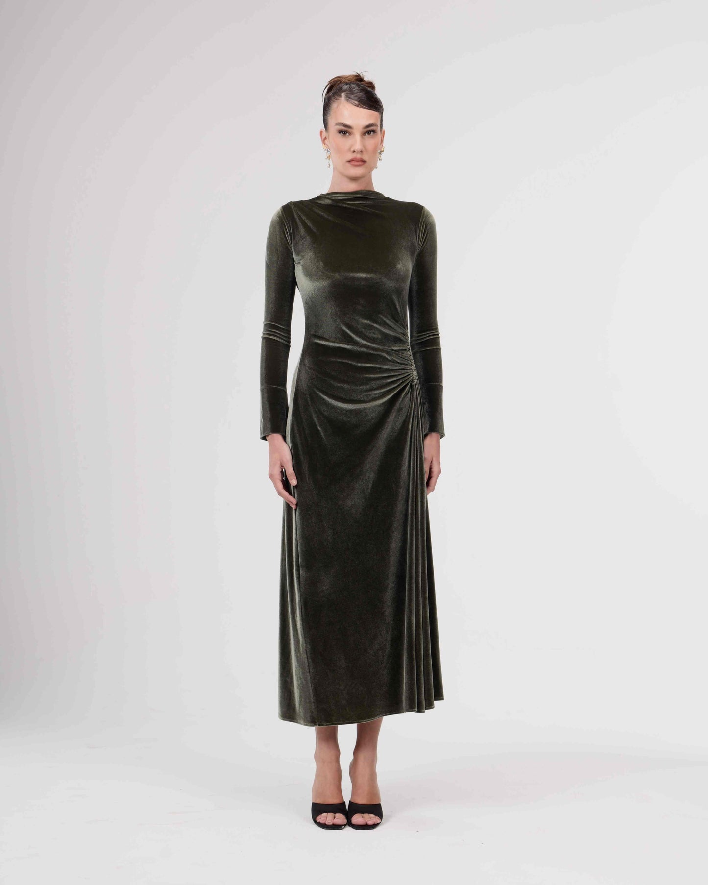 Velvet Maxi Dress with Side Gathering
