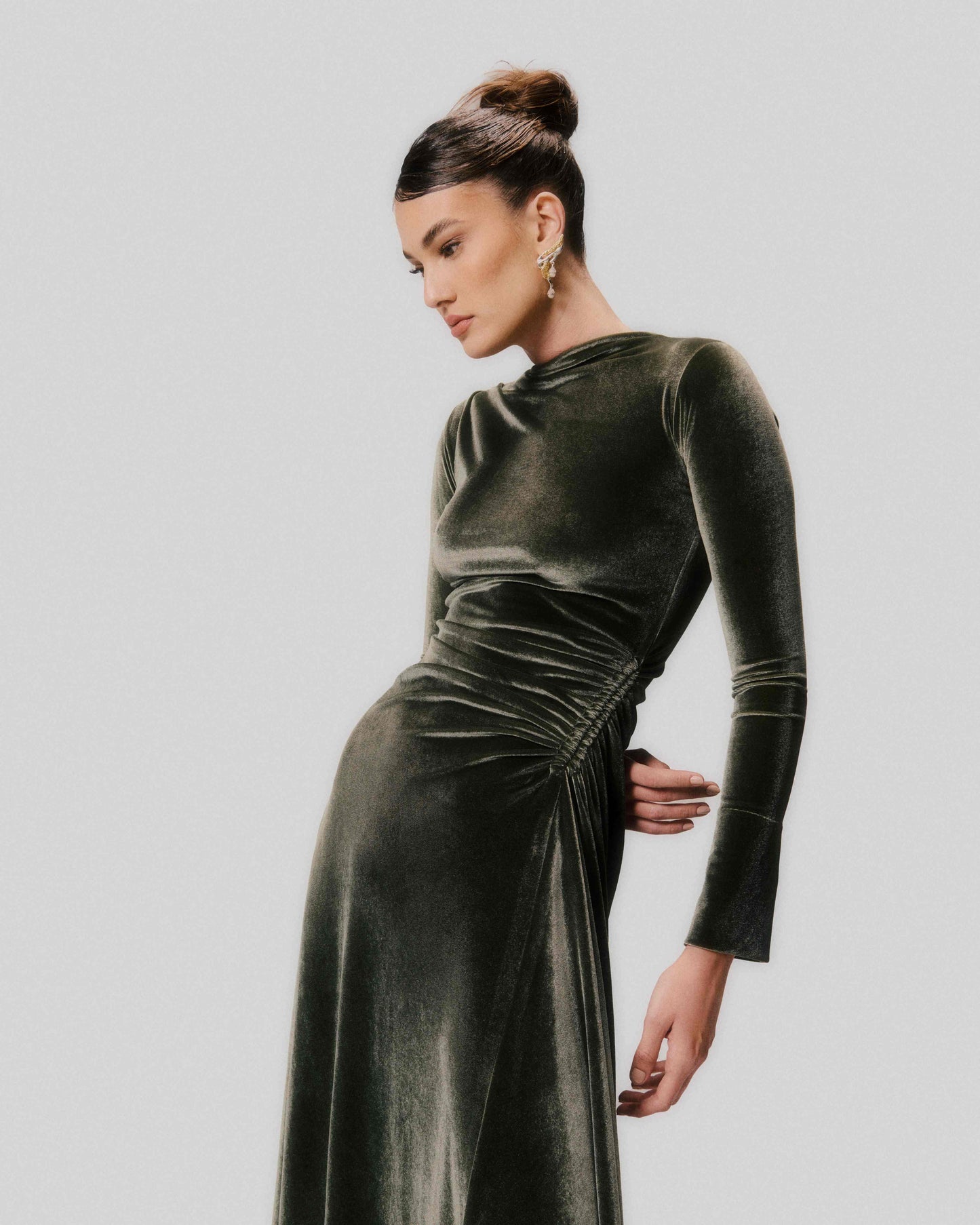 Velvet Maxi Dress with Side Gathering