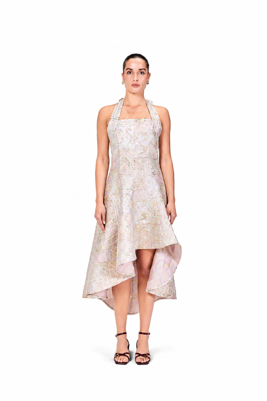 Soft Rose Brocade Halter Dress