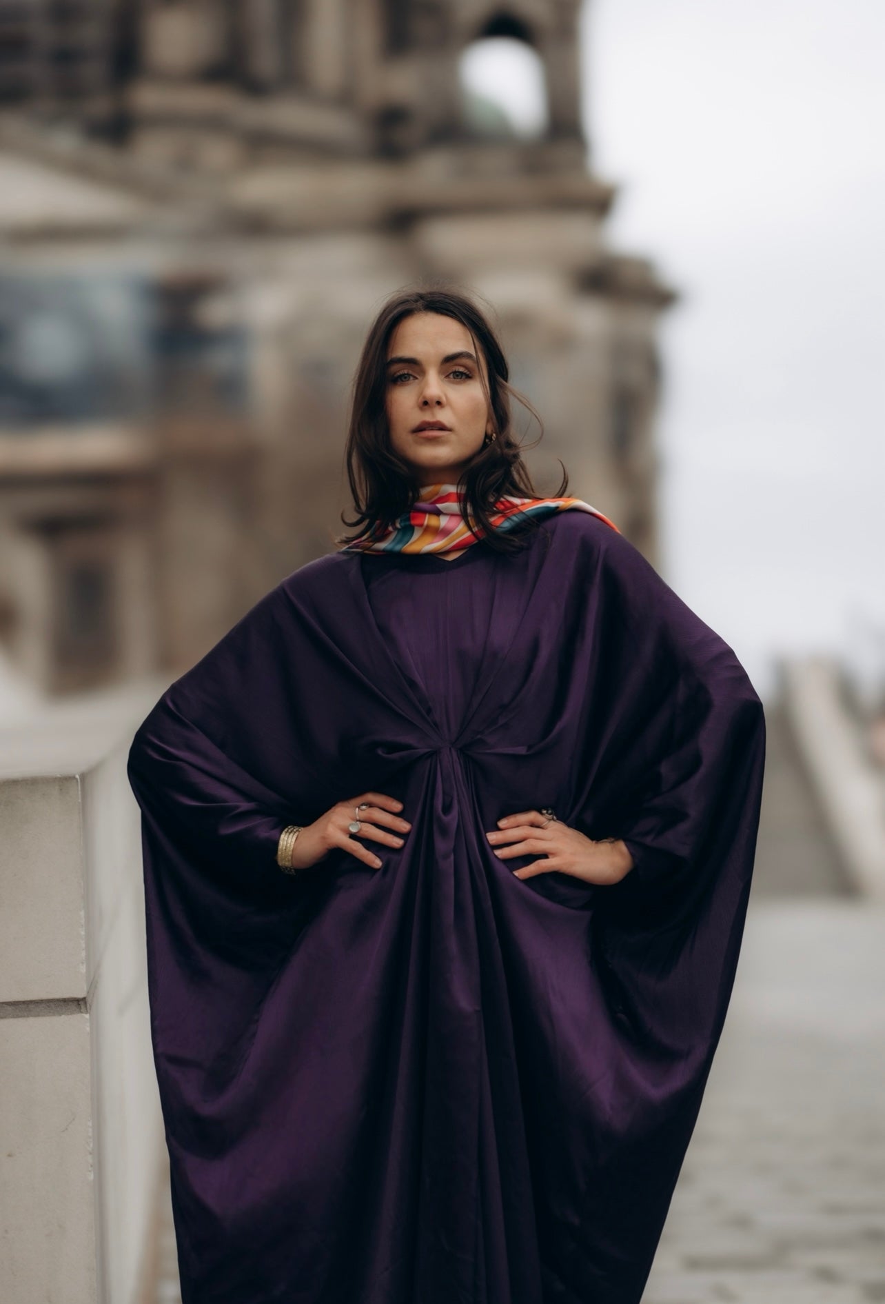 Silk Kaftan with Draped Waist & Multi-Colored Scarf