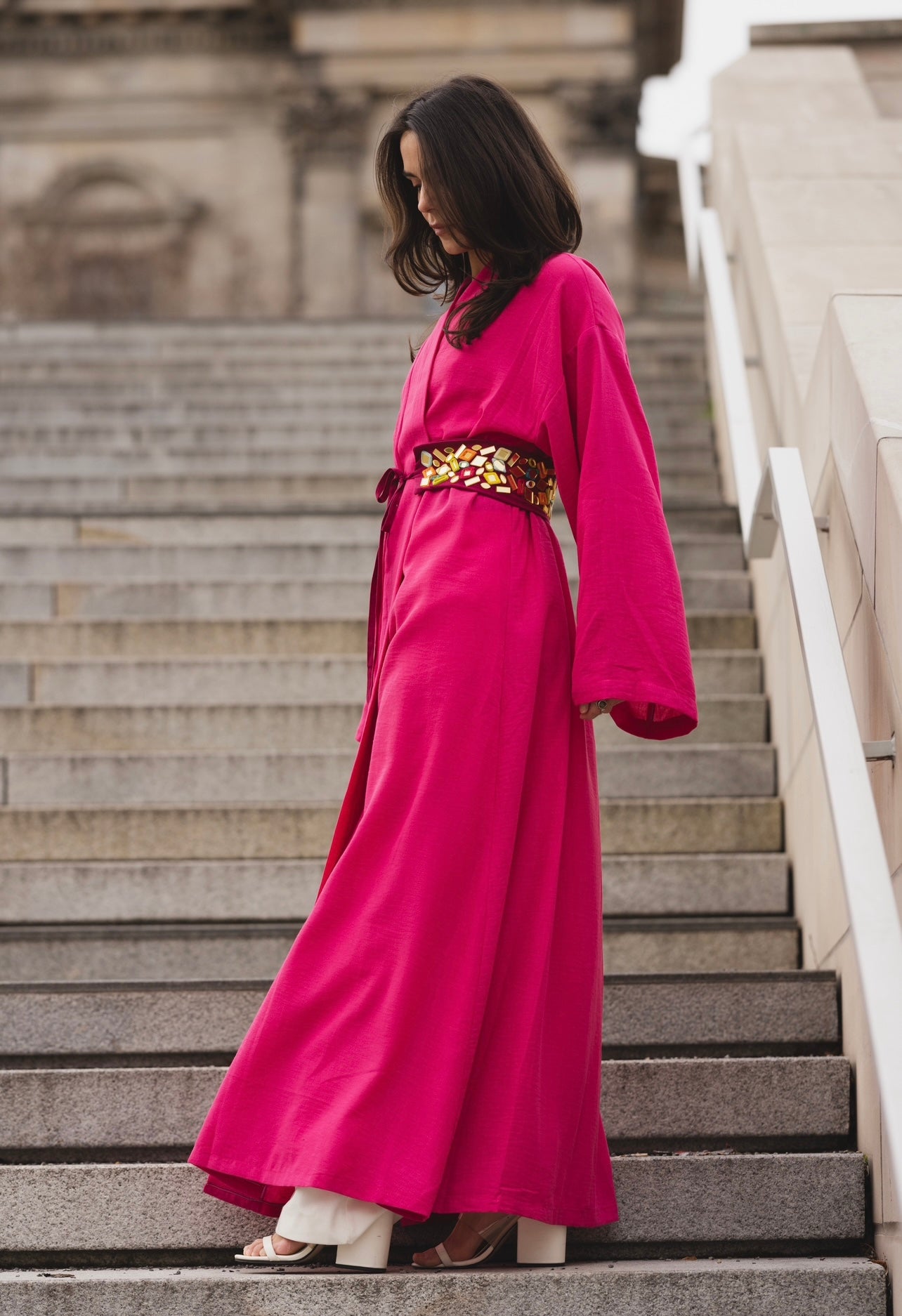 Maxi Linen Kaftan with Hand-Embellished Belt