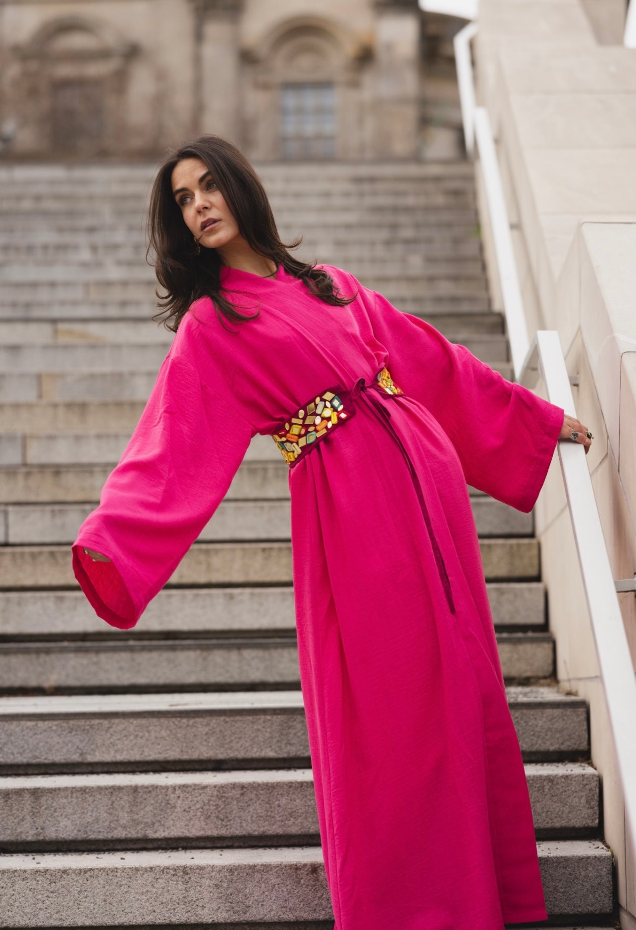 Maxi Linen Kaftan with Hand-Embellished Belt