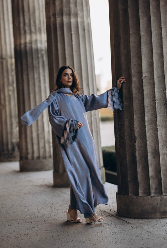 Maxi Kaftan with Feather Detailing & Matching Neck Scarf
