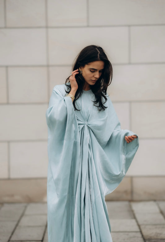 Silk Kaftan with Draped Waist & Multi-Colored Scarf