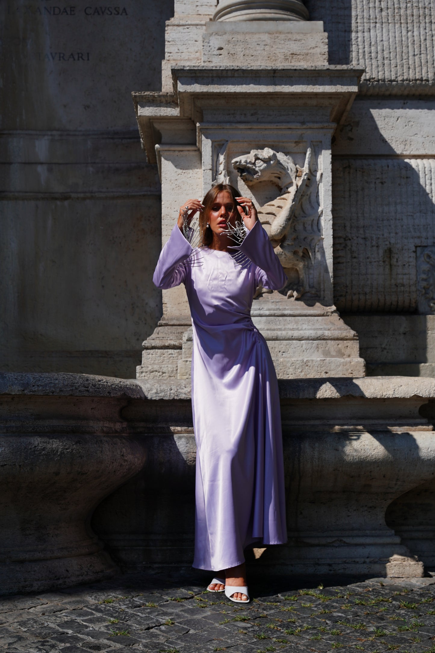 Satin Dress with Side Gathering and Rhinestone Embellishment