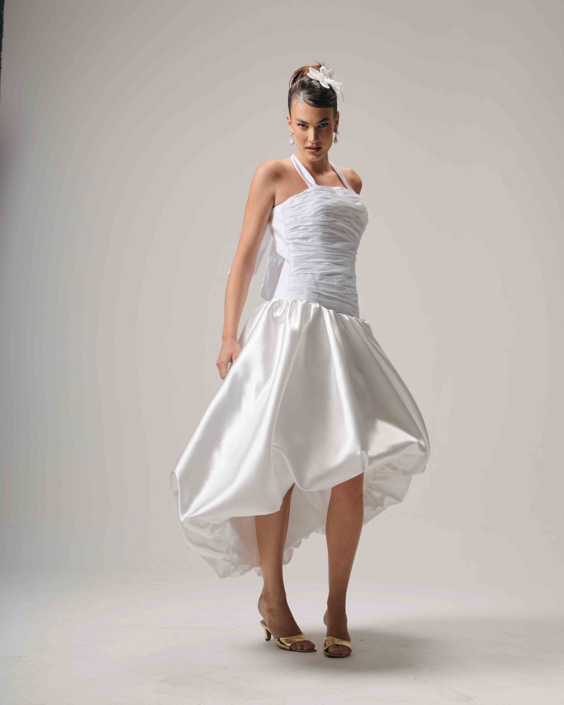 High-Low Taffeta Drop Waist Dress - White / S High-Low Taffeta Drop Waist Dress - White / S