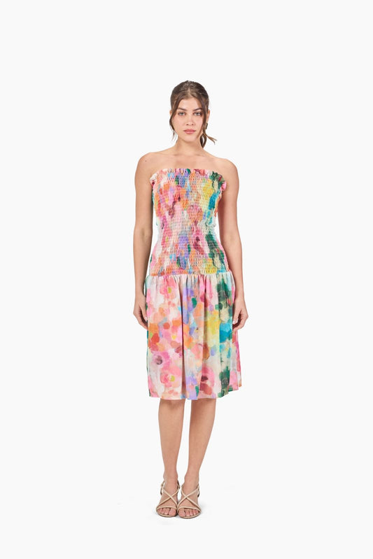Midi Linen Drop Waist Dress in Floral Print